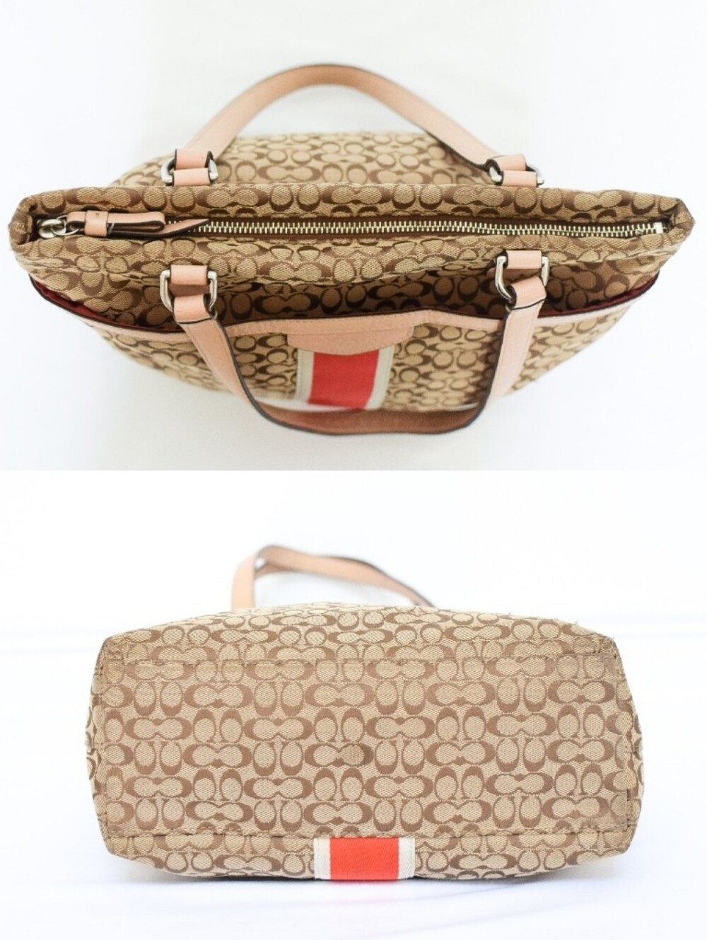 Coach Signature Stripe Monogram Tote Shoulder Bag Khaki Orange F27008 Y2K Preppy - Picture 7 of 16